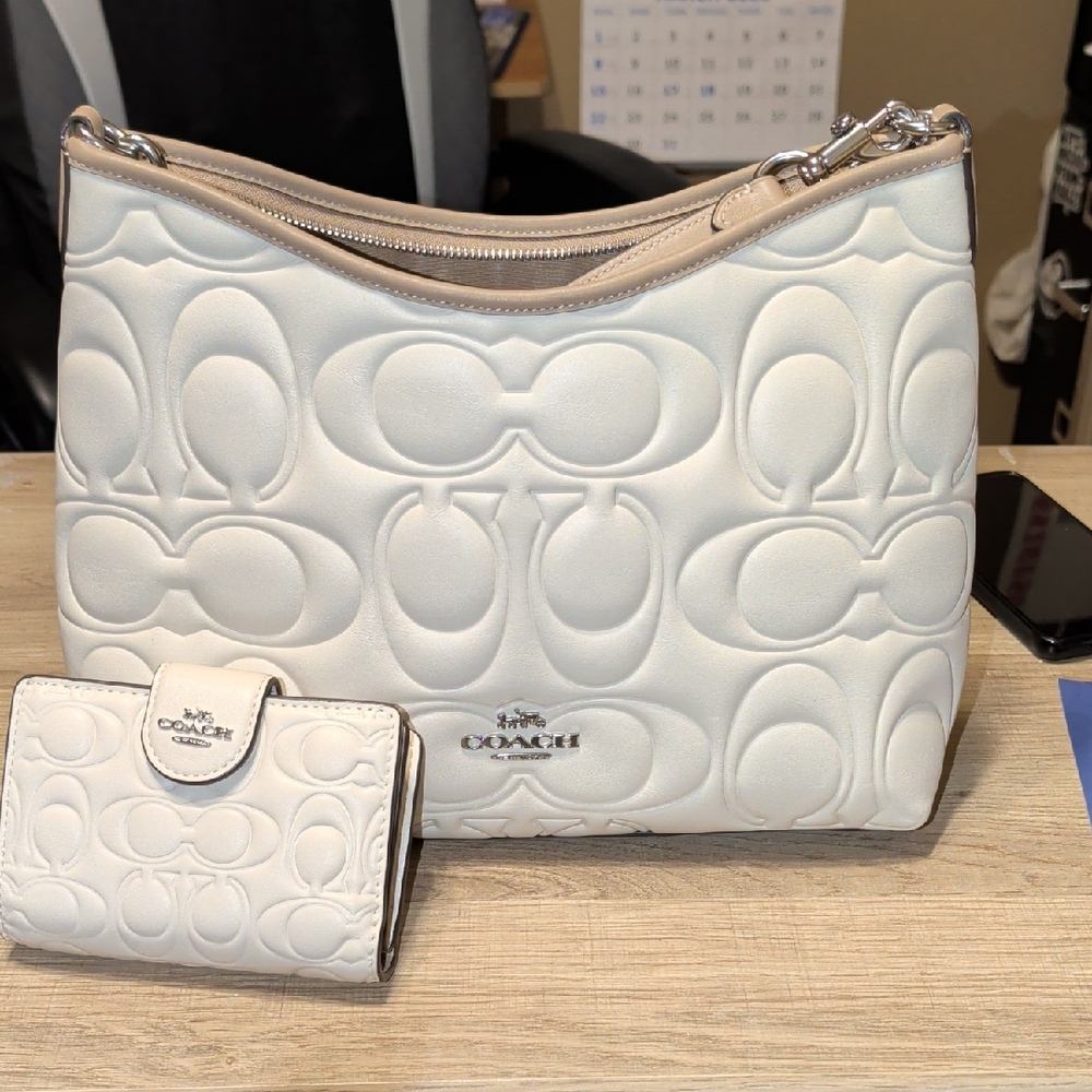 Coach Cream Embossed Laurel Shoulder Bag and Wallet